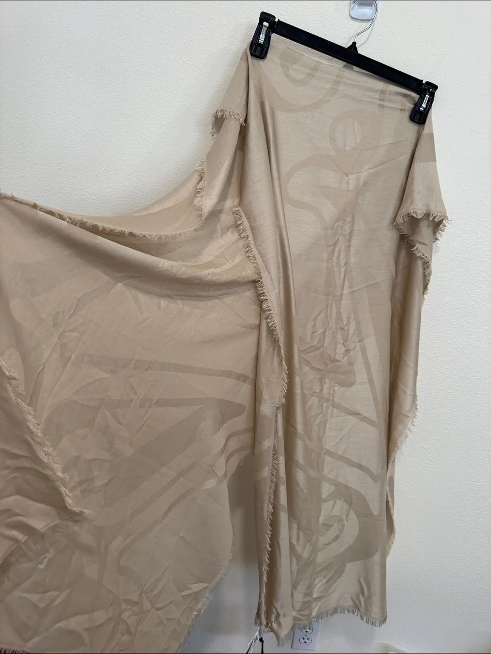 MaxMara Beige Logo-Pattern Fringed Wrap Scarf, 90” x 28”